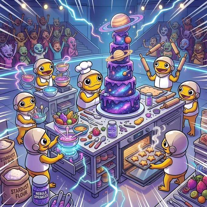 In a cosmic kitchen, alien chefs prepare a galaxy-themed cake and star-shaped cookies, using ingredients like "Stardust Flour" and "Nebula Sprinkles" for the $TURBO-charged baking competition.
