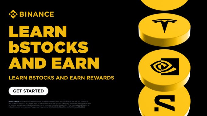 A Binance promotional banner featuring the text "LEARN bSTOCKS AND EARN" with a "GET STARTED" call-to-action button, alongside 3D-rendered yellow coins displaying the Tesla, NVIDIA, and AMD logos—highlighting the company's learning program about these tokenized stocks.