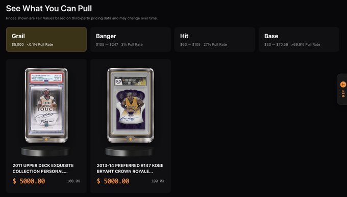 A digital card marketplace interface titled 'See What You Can Pull' displaying graded Kobe Bryant cards, including a '2011 Upper Deck Exquisite Collection' personal card and a '2013-14 Preferred #147 Kobe Bryant Crown Royale' card, each valued at $5000.00.