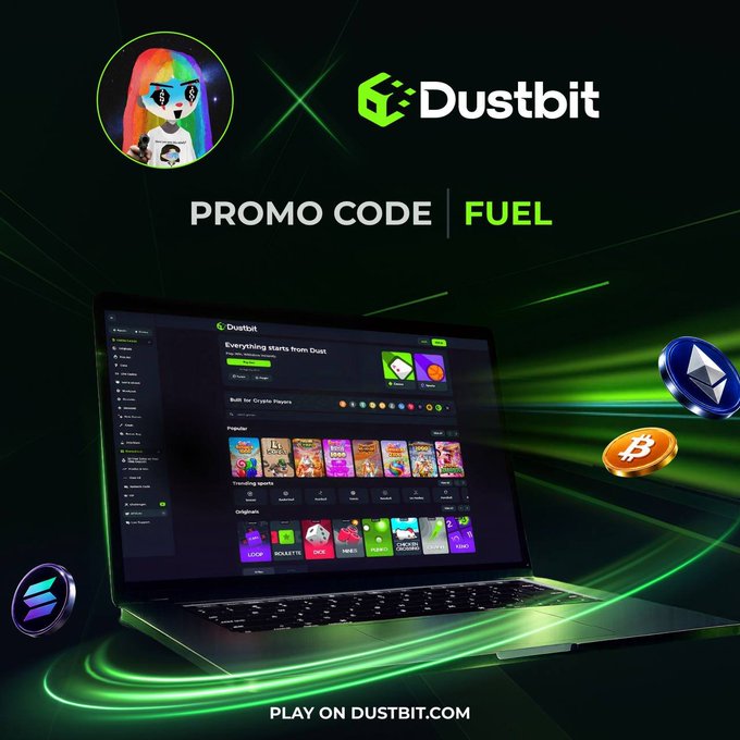A promotional graphic for 'Dustbit' displays a promo code 'FUEL', featuring a laptop showing the platform's interface and floating cryptocurrency coins including Solana, Ethereum, and Bitcoin.