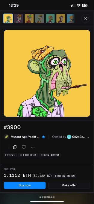 A screenshot of an NFT marketplace displaying Mutant Ape Yacht Club token #3900 for sale at 1.1112 ETH.