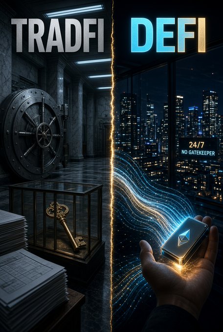 A split graphic contrasting 'TRADFI' (depicted with a bank vault and a gold key) against 'DEFI' (depicted with glowing digital streams, a city skyline at night, '24/7 NO GATEKEEPER', and a hand holding an Ethereum device).