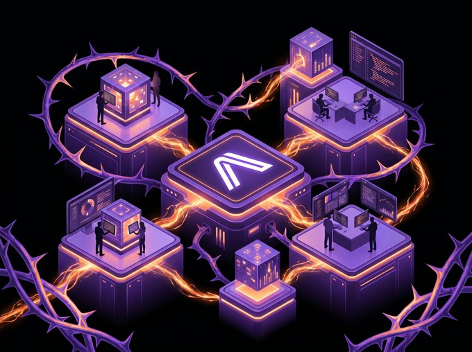 An isometric illustration depicts a network of connected server nodes, holographic data cubes, and figures at workstations, all wrapped in thorny purple vines with electric orange energy pulsing between them—visually conveying security and controlled connectivity. At the center, a glowing platform displays a stylized "λ" (lambda) symbol, tying the fortress-like, thorn-encased infrastructure to Blackthorn's messaging of confidential, sovereign AI technology tied to the $ARX token.