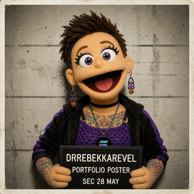 The image features a cartoon character, possibly a girl or a boy, dressed in purple clothing and holding up a sign that says "Drrebeckkarvel" with the date "28 May". The text on the sign also mentions a portfolio poster for "Solana Ecosystem Call", which could be related to the Solana Ecosystem platform.

The character is standing against a gray background, possibly a wall or a concrete surface, and appears to be smiling. They are holding up the sign in front of them, drawing attention to their message. The overall scene suggests that this cartoon character might be promoting an event or product related to the Solana Ecosystem platform.