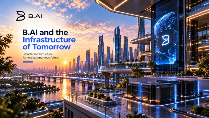 A futuristic cityscape at sunset with the 'B.AI' logo and tagline 'B.AI and the Infrastructure of Tomorrow - Smarter infrastructure. A more autonomous future.'