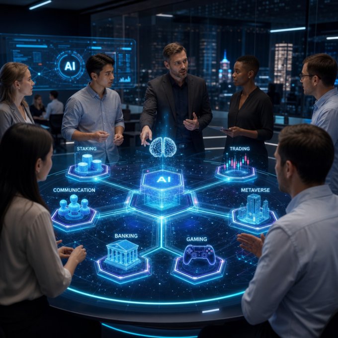 A group of people in a high-tech control room gathered around a holographic table displaying an 'AI' brain with categories like 'STAKING,' 'TRADING,' 'COMMUNICATION,' 'BANKING,' 'GAMING,' and 'METAVERSE.'