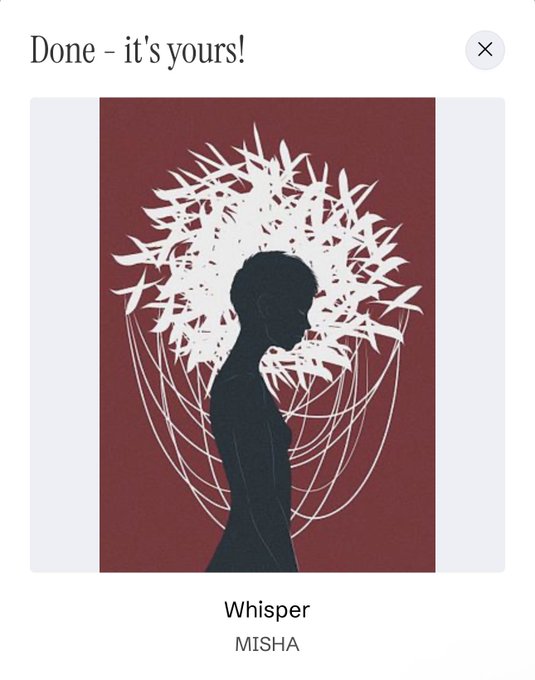 A digital artwork titled 'Whisper' by MISHA, depicting a silhouette of a person with an explosion of white leaf-like shapes around their head on a maroon background, with 'Done - it's yours!' at the top.