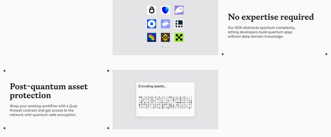 The image shows two different views of a webpage with information about post-quantum cryptography and its application in securing digital assets. The first view is the main screen, providing details on post-quantum protection and an explanation of what users should do when entering their password. The second view is a smaller version of the main screen that focuses on the idea of using quantum computing to generate complex keys for encryption. These two views are displayed side by side, giving the viewer a clear understanding of the content related to this technology.