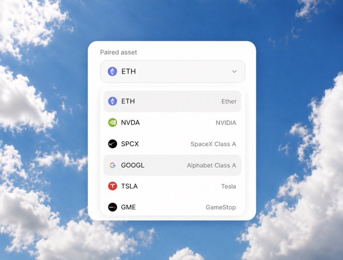 A "Paired asset" dropdown menu is overlaid against a sky background, currently displaying ETH and a list of available tokenization options including ETH, NVDA (NVIDIA), SPCX (SpaceX Class A), GOOGL (Alphabet Class A), TSLA (Tesla), and GME (GameStop). The image illustrates the upcoming batch of real-world assets (RWAs) being prepared for token pairing on the Pons platform, showcasing both crypto and major equity tickers as candidates for the next set.