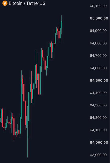 A Bitcoin/USDT candlestick chart shows BTC's price surging from around $64,000 to briefly touching $65,100, visually confirming the post's claim that Bitcoin has reclaimed the $65,000 level.