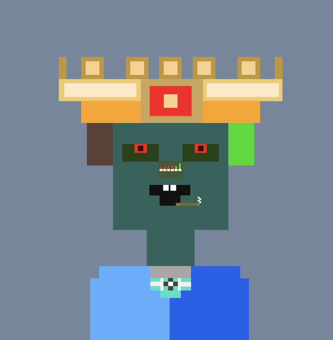 A pixel art character with dark green skin, red eyes, and a golden crown stands against a gray background, wearing blue clothing with a pixelated face.