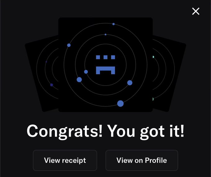 A dark pop-up screen displays the message 'Congrats! You got it!' with a stylized icon and buttons for 'View receipt' and 'View on Profile'.