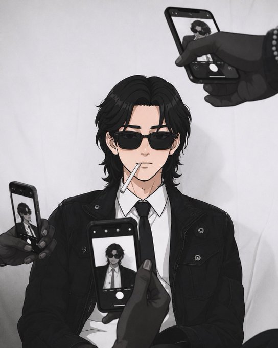 The image features a man sitting down with three cell phones in front of him. He is wearing sunglasses and holding one of the cell phones up to his face as if he's taking a picture or recording something. The other two cell phones are placed on either side of him, creating an interesting composition that draws attention to the man and his actions.