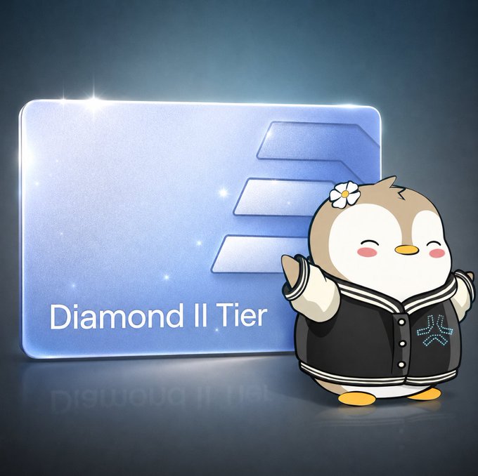 Digital illustration showing a cute penguin mascot in a black varsity jacket next to a glowing blue 'Diamond II Tier' achievement card.