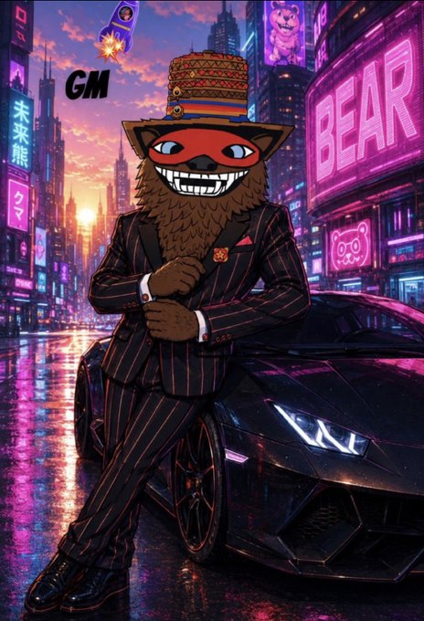 A vibrant cyberpunk-style illustration of an anthropomorphic bear wearing a pinstripe suit and patterned hat, leaning against a sleek sports car in a neon-lit cityscape with the word 'BEAR' and 'GM' visible.