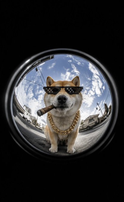 A Shiba Inu dog wearing pixelated sunglasses and a gold chain smokes a cigar, viewed through a fisheye lens with a neighborhood backdrop.