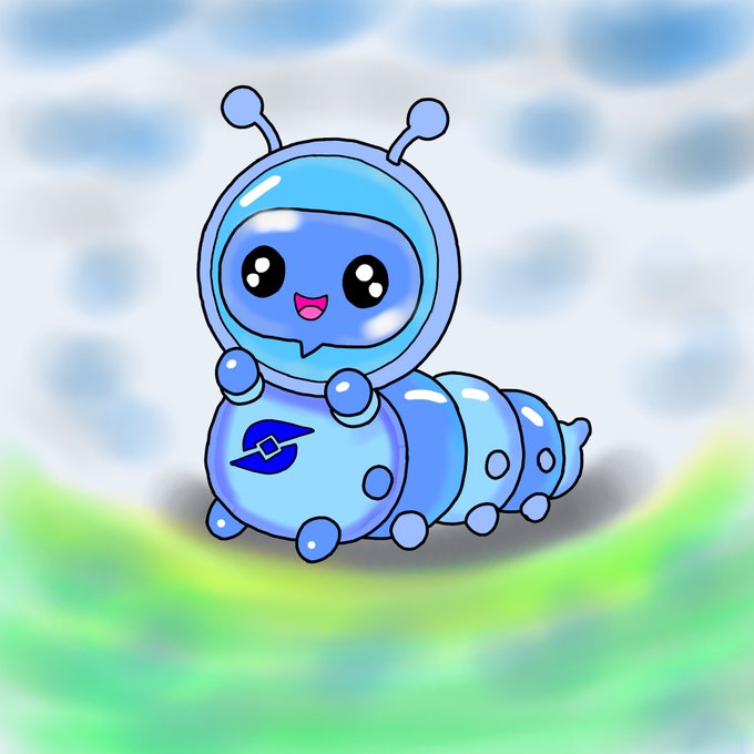 A cute cartoon illustration of a blue robot-like caterpillar character with antennae and a smiling face, featuring a blue swirl logo on its body.