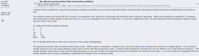 A screenshot of a Satoshi Nakamoto forum post dated July 17, 2015 discussing Bitcoin transaction fees and the double-spend envelope example.