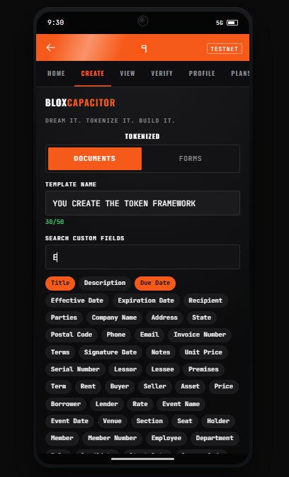 The same mobile app screenshot of 'BLOXCAPACITOR' showing the tokenization document creation page.