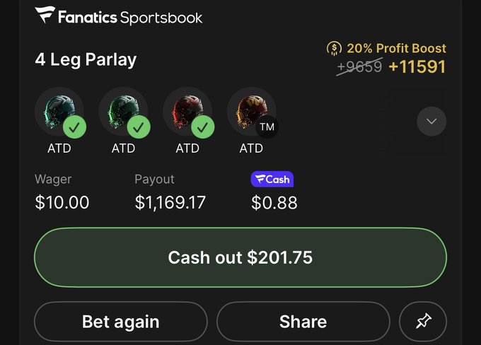 A winning 4-leg Fanatics Sportsbook parlay featuring four "ATD" (anytime touchdown) picks, with a $10 wager yielding a $1,169.17 payout and a $201.75 cash-out option, fitting the "Scary Terry" Sunday football theme.