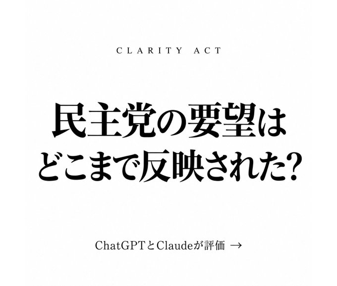 The image is a minimalist Japanese-language editorial graphic with "CLARITY ACT" at the top and the headline "民主党の要望はどこまで反映された?" (To what extent were the Democratic Party's requests reflected?), accompanied by "ChatGPTとClaudeが評価 →" (ChatGPT and Claude evaluate) at the bottom. The graphic serves as a visual prompt inviting AI-based evaluation of how much Democratic input was incorporated into the final Clarity Act draft, tying into the article's discussion of the bipartisan Thillis-Gallego ethics provisions and their reflection in the legislation before the vote.