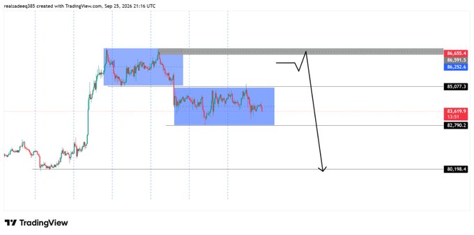 TradingView chart created by realisdeeji385 on Sep 25, 2024, showing price action around 86,655-86,191 (highs) and 80,198 (low target) with marked consolidation zones and a bearish arrow projecting downward.