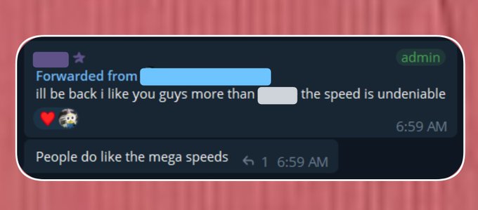 A screenshot of a Telegram chat shows a forwarded message stating "ill be back i like you guys more than [redacted] the speed is undeniable," followed by a reply "People do like the mega speeds." The image illustrates user preference for Mega's superior speed and product experience, reinforcing the post's point about great technology attracting traders through its performance advantages.