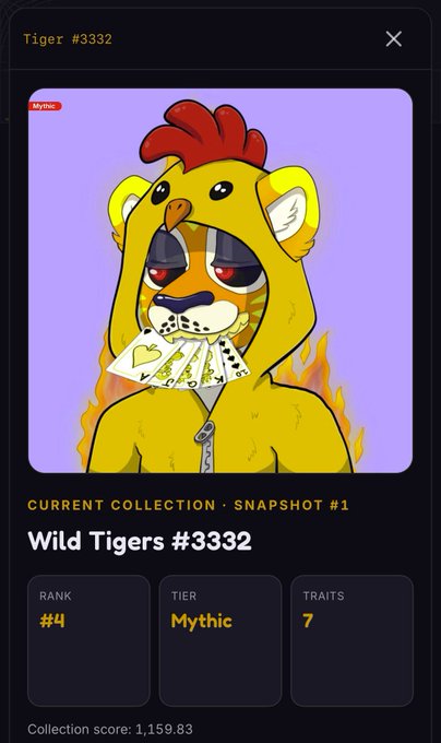 A digital collectible card labeled “Tiger #3332” shows a stylized tiger in a yellow hoodie with playing cards, listed as “Wild Tigers #3332,” rank #4, tier Mythic, with 7 traits.