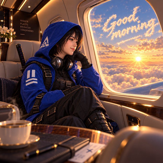 An anime-style illustration shows a dark-haired character in a blue hooded jacket and tactical gear looking out an airplane window at a sunrise, with 'Good morning' written in the sky.