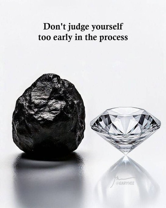 A motivational graphic by @garyvee showing a rough coal rock beside a polished diamond with the text 'Don't judge yourself too early in the process.'