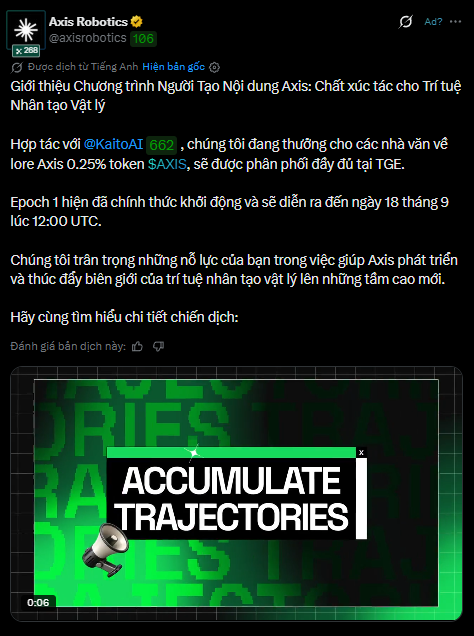 A screenshot of a tweet from @axisrobotics in Vietnamese about an AI creator program with KaitoAI, featuring an attached video thumbnail displaying "ACCUMULATE TRAJECTORIES."