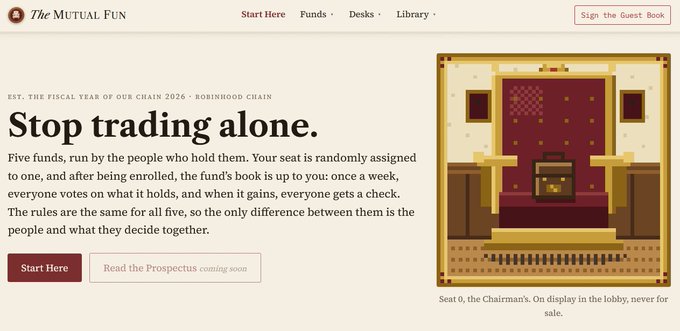 The image shows a webpage for "The Mutual Fun" featuring pixel art of a Chairman's briefcase with the headline "Stop trading alone." and text about five funds run by holders, with a caption "Seat 0, the Chairman's," referencing a Robinhood Chain collaborative trading initiative. The pixel-art aesthetic and "Chairman" briefcase symbolize the project's leaderless, democratically-governed fund structure being discussed in the accompanying bullish post.