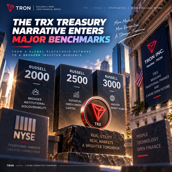 A promotional graphic for TRON (TRX) cryptocurrency titled 'THE TRX TREASURY NARRATIVE ENTERS MAJOR BENCHMARKS,' highlighting inclusion in Russell 2000, 2500, and 3000 indices with TRON Inc. Nasdaq branding.