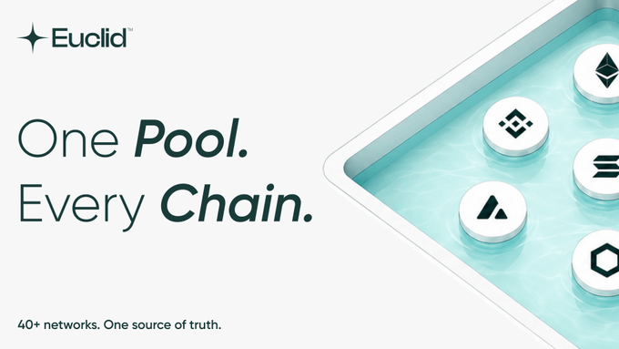 Promotional graphic for 'Euclid' featuring the text 'One Pool. Every Chain.' and '40+ networks. One source of truth,' showing cryptocurrency network icons floating in a pool of water.