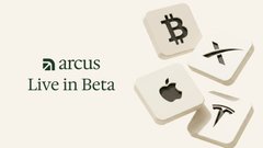 The image shows a promotional graphic for Arcus, labeled "Live in Beta," alongside four Scrabble-style tiles displaying the Bitcoin (₿), Apple (🍎), Tesla, and X (formerly Twitter) logos, representing the stock and crypto tokens available for trading on the platform.