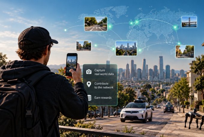 An illustrated scene of a man with a backpack and cap taking a photo with his smartphone, with a holographic world map overlay showing options to 'Capture real-world data', 'Contribute to the network', and 'Earn rewards'.