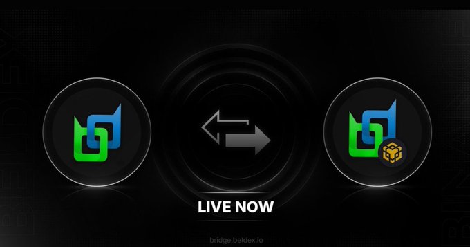 A promotional graphic for bridge.beldex.io shows two cryptocurrency logos with arrows between them and the text 'LIVE NOW'.