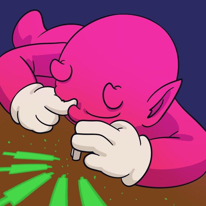 A cartoon illustration of a pink character with pointy ears using its hands to arrange green crystal-like shards on a wooden surface.
