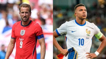 A split image showing soccer players Harry Kane (#9 in red England jersey) on the left and a player wearing #10 in a white France jersey on the right.