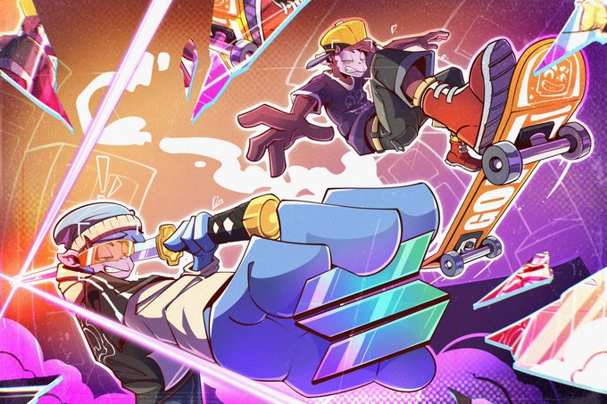 Colorful anime-style illustration showing two characters performing dynamic skateboarding tricks mid-air with vibrant pink, purple, and orange backgrounds.