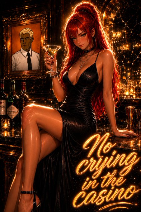 A red-haired woman in a black dress holds a cocktail while perched at a glittering bar, with the glowing neon text "No Crying in the Casino" displayed prominently below her. The stylized poster art visually reinforces the post's shoutout to @CasinoSociety_ on XRPL, evoking the glamorous, high-stakes atmosphere the crypto community embodies.