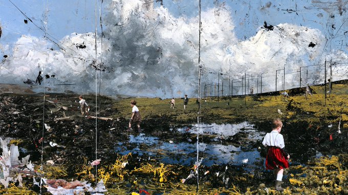 An artistic, painterly image with a distressed, weathered effect showing children in a muddy field with puddles under a cloudy sky, with a fence and figures in the background.