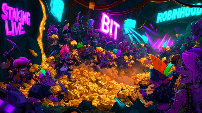 A vibrant, neon-lit scene depicts a crowd of cartoon goblin-like characters celebrating around a massive pile of gold, with glowing signs reading "STAKING LIVE," "BIT," and "ROBINHOOD"—visually representing the excitement of staking 4-bit NFTs to earn ETH, BTC, and future stock rewards plus token airdrops.