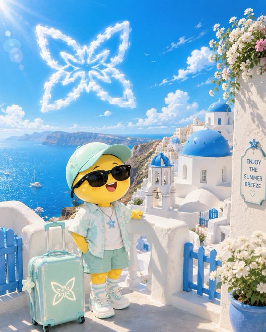 A digital artwork of a yellow smiley face character wearing sunglasses and a cap, standing with a suitcase in a Santorini-style coastal village under a blue sky with a flower-shaped cloud.