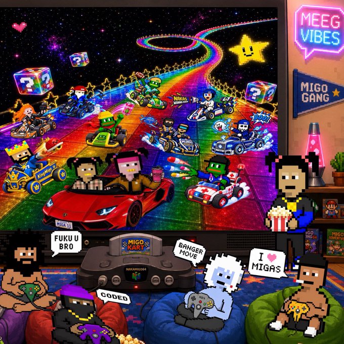 Vibrant pixel art scene showing a Mario Kart-style racing game with 'MIGO KART' characters, including labels like 'FUKU BRO', 'BAHGER MOVE', 'CODED', and 'I ♥ MIGAS', with 'MEEG VIBES' and 'MIGO GANG' neon signs in the background.