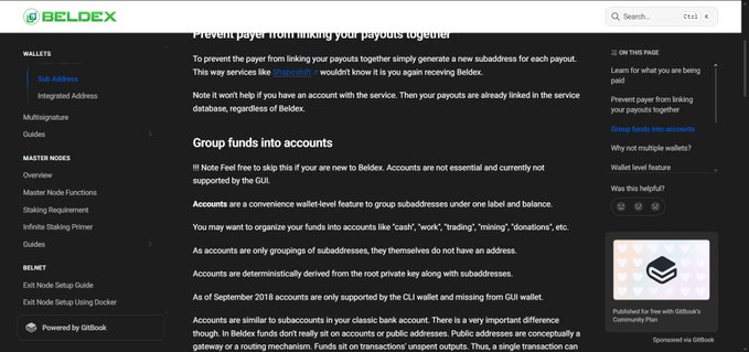 A Beldex documentation page explaining how to prevent payers from linking payouts together, including information about group funds and subaddresses.