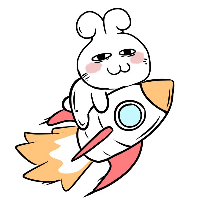 Cute cartoon illustration of a white cat-like creature with rosy cheeks riding a colorful rocket with orange flames.