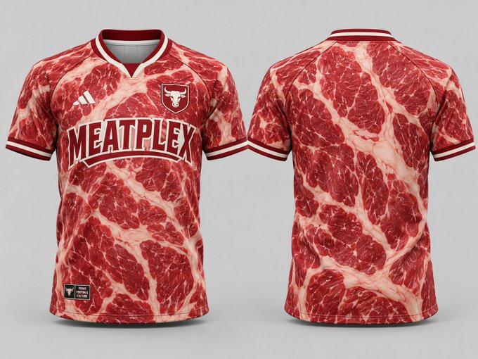 Front and back views of a sports jersey featuring a raw meat pattern, an Adidas logo, a bull head crest, and the word "MEATPLEX" printed across the chest.