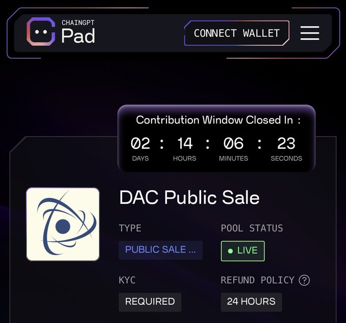 A screenshot of the ChainGPT Pad platform showing a 'DAC Public Sale' with a contribution window countdown of 2 days, 14 hours, 6 minutes, and 23 seconds, marked as LIVE with KYC required and a 24-hour refund policy.