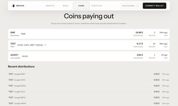 The image shows the $index (formerly known as the native token of The Graph) payout dashboard, displaying recent distributions of 0.003 $index to various test addresses over the past 24 hours. The tweet "$index it's time for 10 billion" relates to speculation about the token's future price target or market cap.